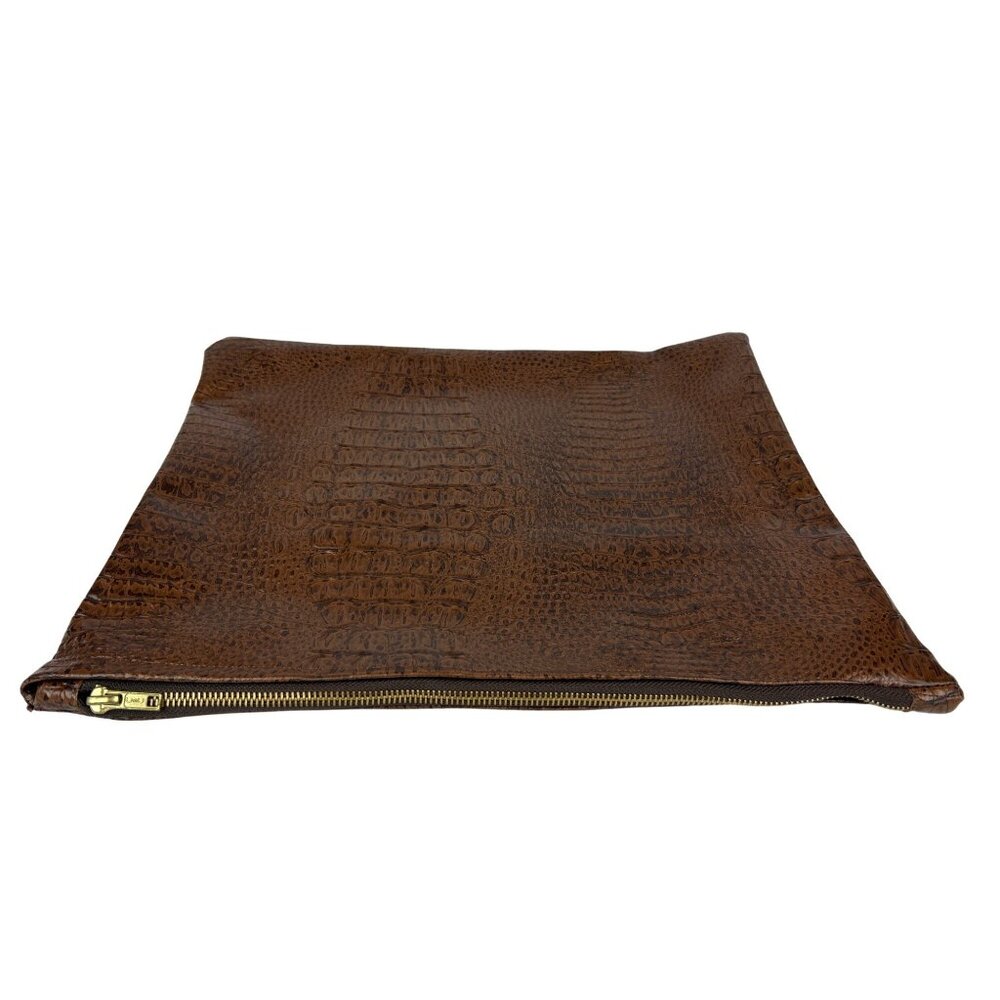 Brown Crocodile Embossed Faux Leather Zippered Bag Pouch Laptop Files - Picture 7 of 10